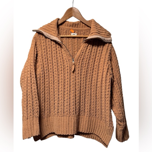aerie Tops - Aerie XS Chunky Knit Zip Collar Sweater Tan Brown Cozy Oversized Pullover